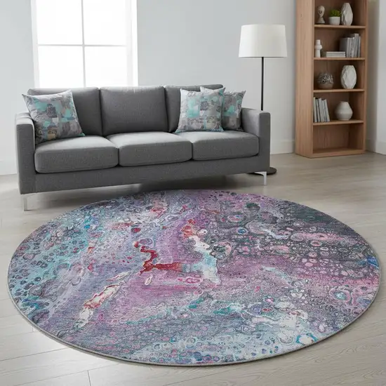8' Blue Pink And Purple Abstract Washable Round Rug With UV Protection Photo 2