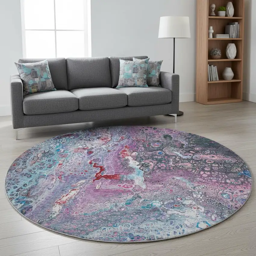 8' Blue Pink And Purple Abstract Washable Round Rug With UV Protection Photo 2