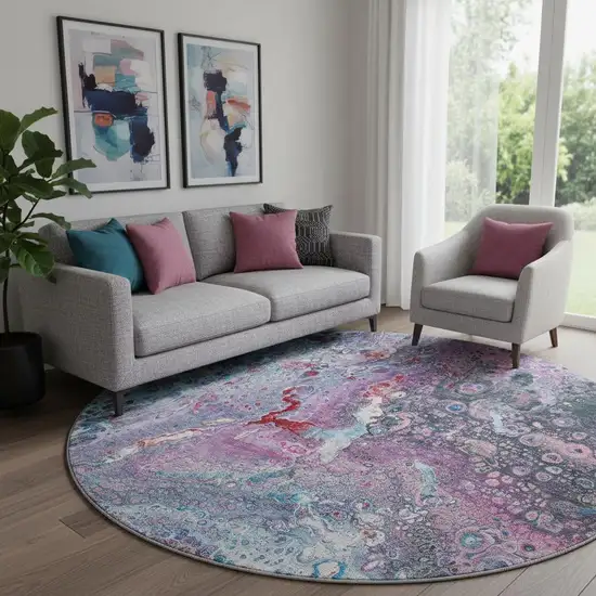 8' Blue Pink And Purple Abstract Washable Round Rug With UV Protection Photo 1
