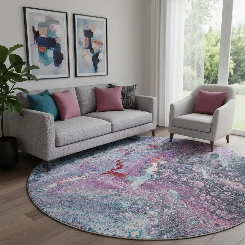 8' Blue Pink And Purple Abstract Washable Round Rug With UV Protection Photo 1