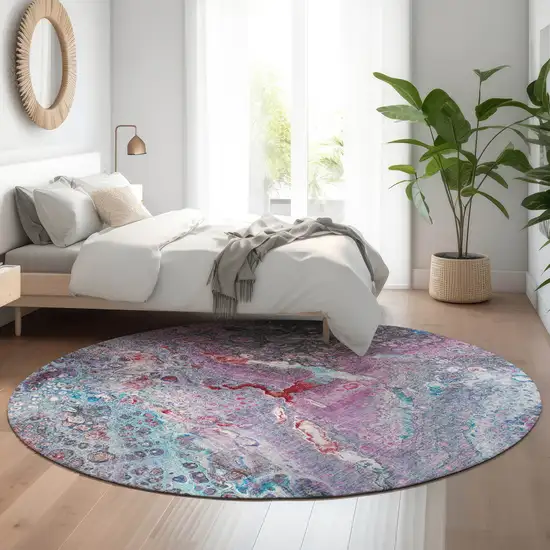8' Blue Pink And Purple Abstract Washable Round Rug With UV Protection Photo 5