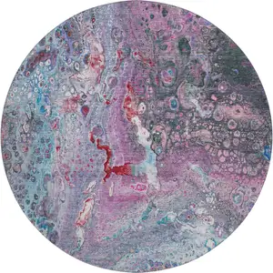 Photo of 8' Blue Pink And Purple Abstract Washable Round Rug With UV Protection
