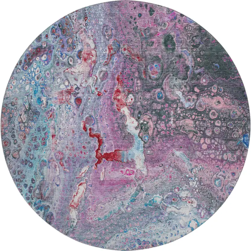 8' Blue Pink And Purple Abstract Washable Round Rug With UV Protection Photo 1