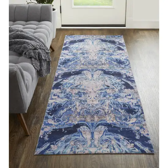 8' Blue Pink and Tan Abstract Power Loom Washable Runner Rug Photo 7