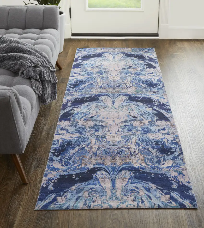 8' Blue Pink and Tan Abstract Power Loom Washable Runner Rug Photo 7