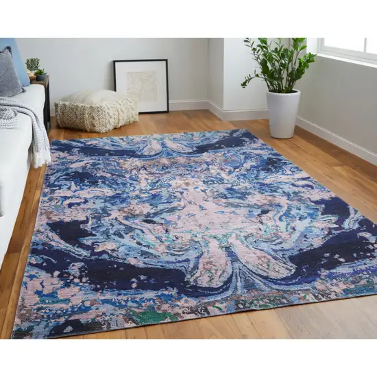 8' Blue Pink and Tan Abstract Power Loom Washable Runner Rug Photo 6