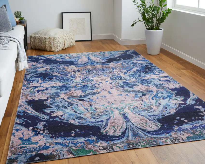 8' Blue Pink and Tan Abstract Power Loom Washable Runner Rug Photo 6