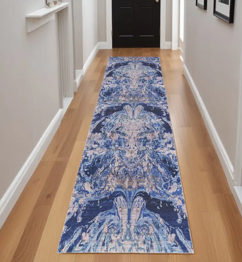 8' Blue Pink and Tan Abstract Power Loom Washable Runner Rug Photo 1