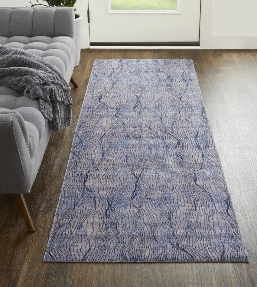 8' Blue Pink and Tan Abstract Power Loom Washable Runner Rug Photo 6