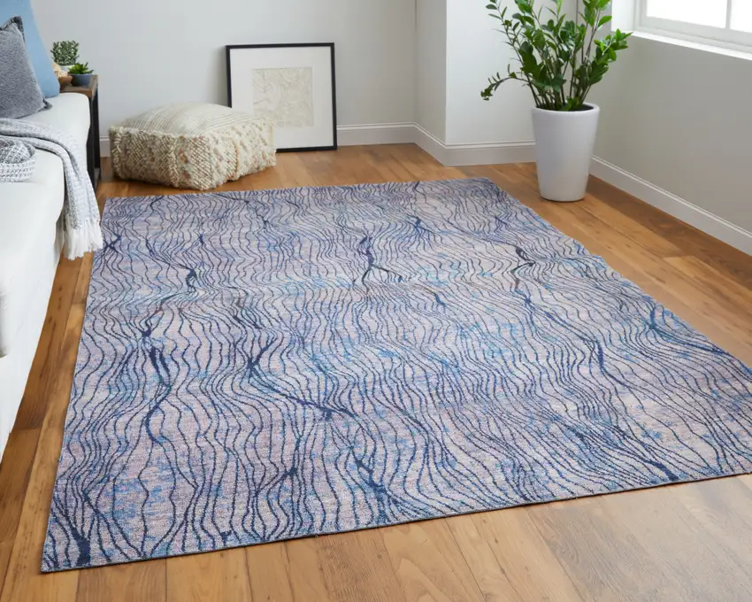 8' Blue Pink and Tan Abstract Power Loom Washable Runner Rug Photo 5
