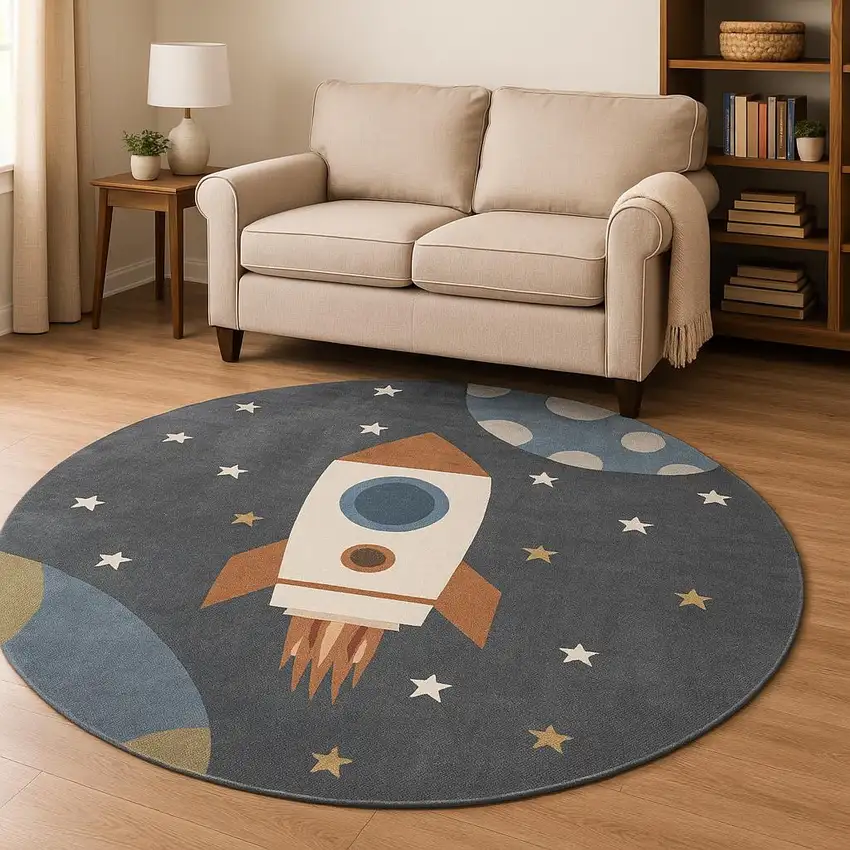 8' Blue Power Loom Round Rug Photo 1