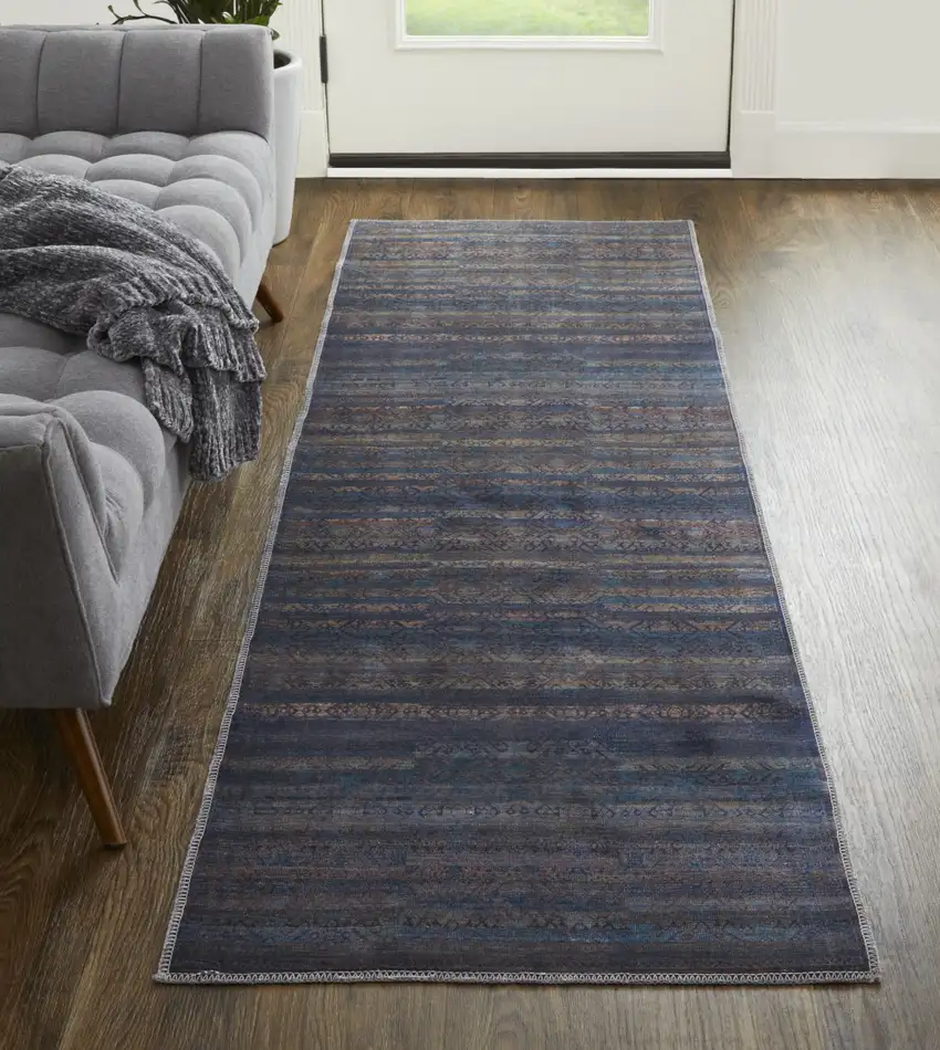 8' Blue Purple And Brown Floral Power Loom Runner Rug Photo 4