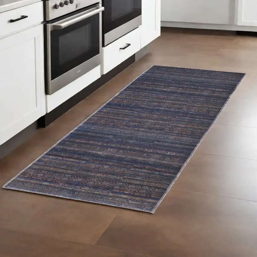 8' Blue Purple And Brown Floral Power Loom Runner Rug Photo 1