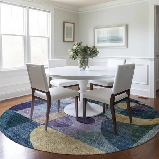 8' Blue Purple And Copper Round Abstract Washable Indoor Outdoor Area Rug Photo 9