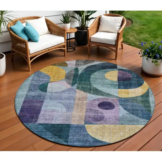 8' Blue Purple And Copper Round Abstract Washable Indoor Outdoor Area Rug Photo 1
