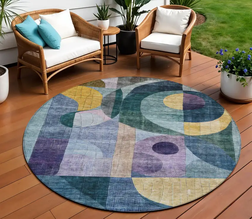 8' Blue Purple And Copper Round Abstract Washable Indoor Outdoor Area Rug Photo 1