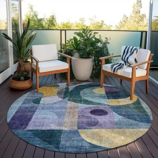 8' Blue Purple And Copper Round Abstract Washable Indoor Outdoor Area Rug Photo 8