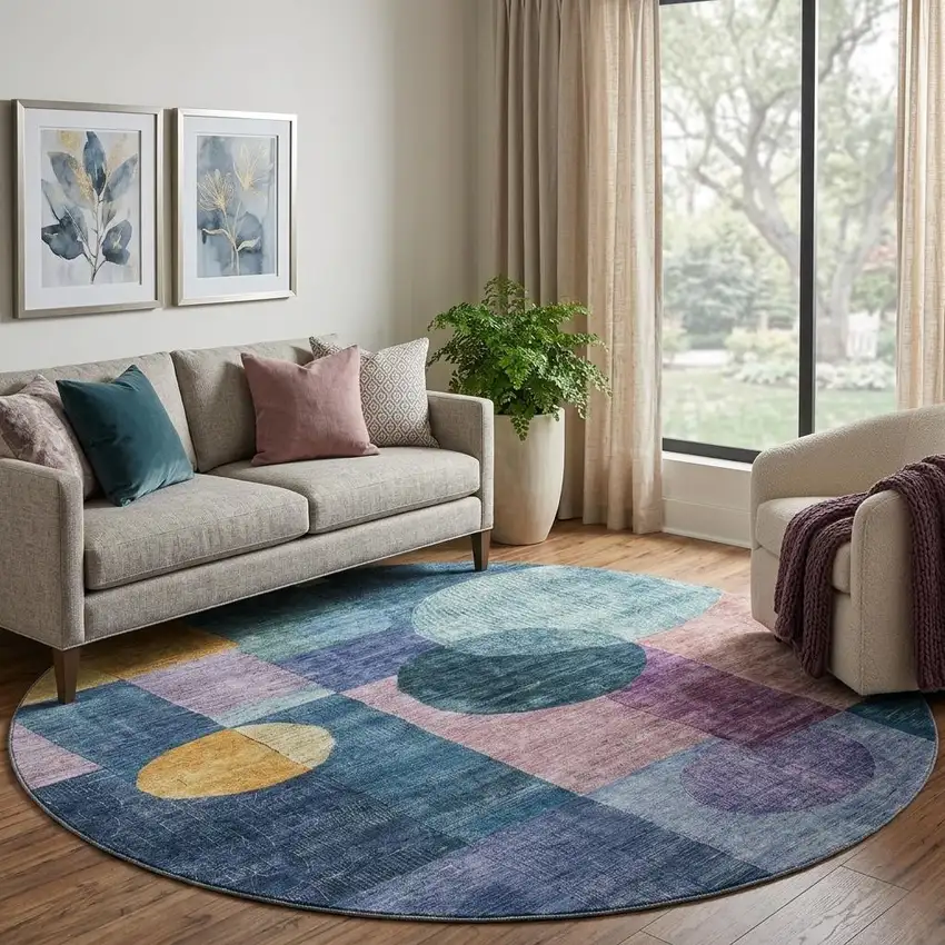 8' Blue Purple And Gold Geometric Washable Round Rug With UV Protection Photo 1