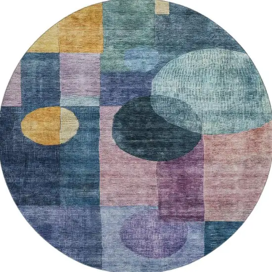 8' Blue Purple And Gold Geometric Washable Round Rug With UV Protection Photo 2