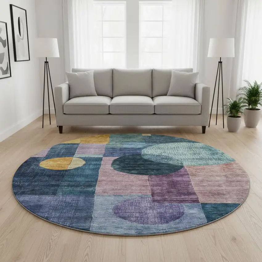 8' Blue Purple And Gold Geometric Washable Round Rug With UV Protection Photo 2