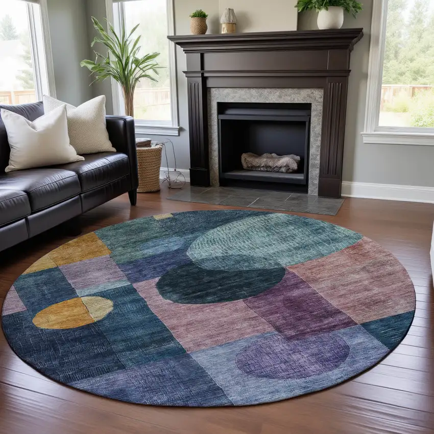 8' Blue Purple And Gold Geometric Washable Round Rug With UV Protection Photo 4