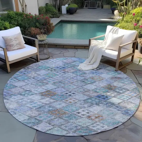 8' Blue Purple And Gray Round Geometric Washable Indoor Outdoor Area Rug Photo 8