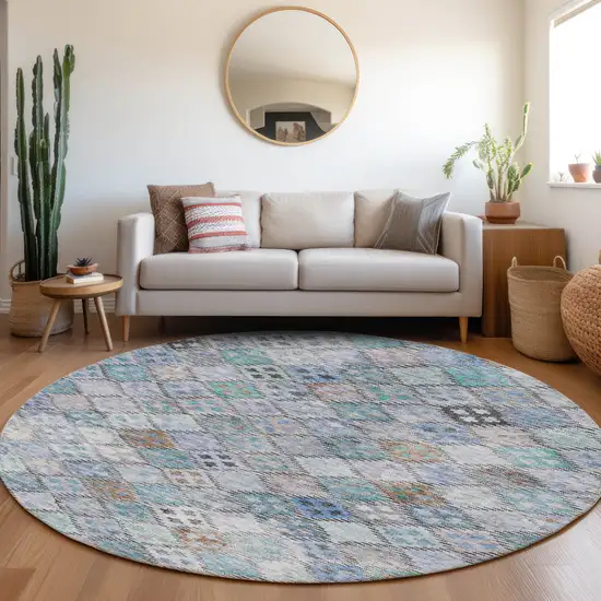 8' Blue Purple And Gray Round Geometric Washable Indoor Outdoor Area Rug Photo 9