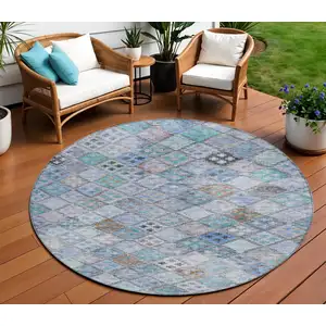 Photo of 8' Blue Purple And Gray Round Geometric Washable Indoor Outdoor Area Rug