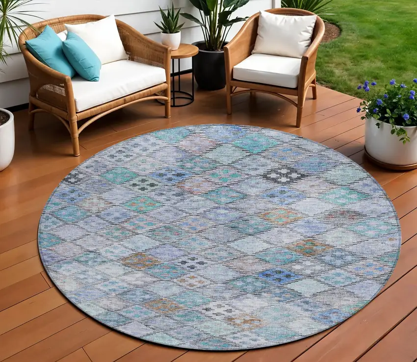 8' Blue Purple And Gray Round Geometric Washable Indoor Outdoor Area Rug Photo 1