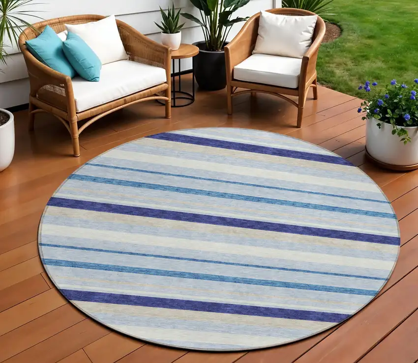 8' Blue Purple And Gray Round Striped Washable Indoor Outdoor Area Rug Photo 1