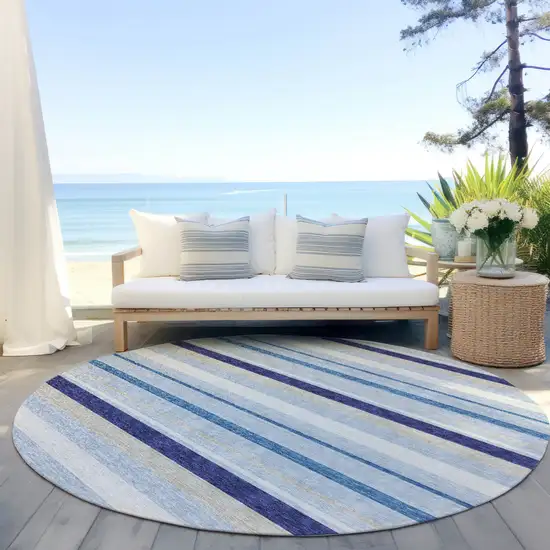 8' Blue Purple And Gray Round Striped Washable Indoor Outdoor Area Rug Photo 7
