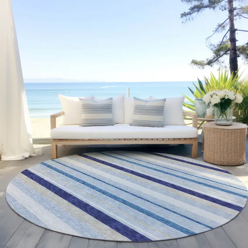 8' Blue Purple And Gray Round Striped Washable Indoor Outdoor Area Rug Photo 7