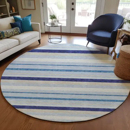 8' Blue Purple And Gray Round Striped Washable Indoor Outdoor Area Rug Photo 8