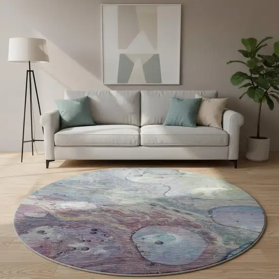8' Blue Purple And Green Abstract Washable Round Rug With UV Protection Photo 2