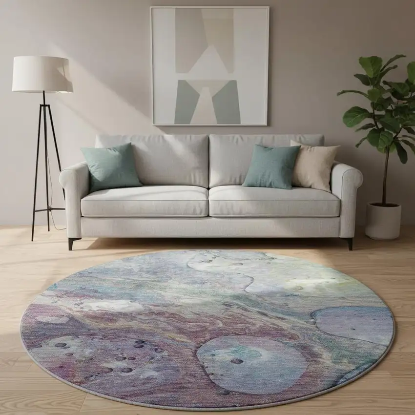 8' Blue Purple And Green Abstract Washable Round Rug With UV Protection Photo 2