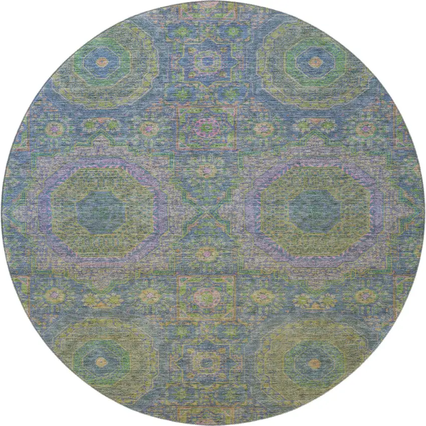 8' Blue Purple And Green Medallion Washable Round Rug With UV Protection Photo 4