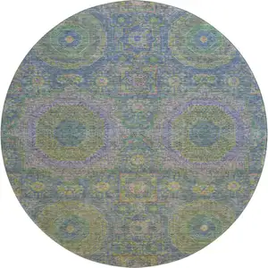 Photo of 8' Blue Purple And Green Medallion Washable Round Rug With UV Protection