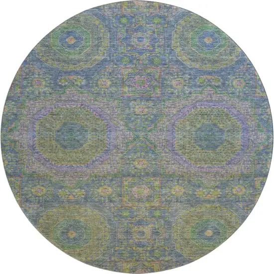 8' Blue Purple And Green Medallion Washable Round Rug With UV Protection Photo 1