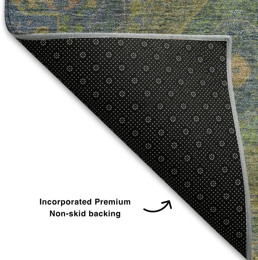 8' Blue Purple And Green Medallion Washable Round Rug With UV Protection Photo 6