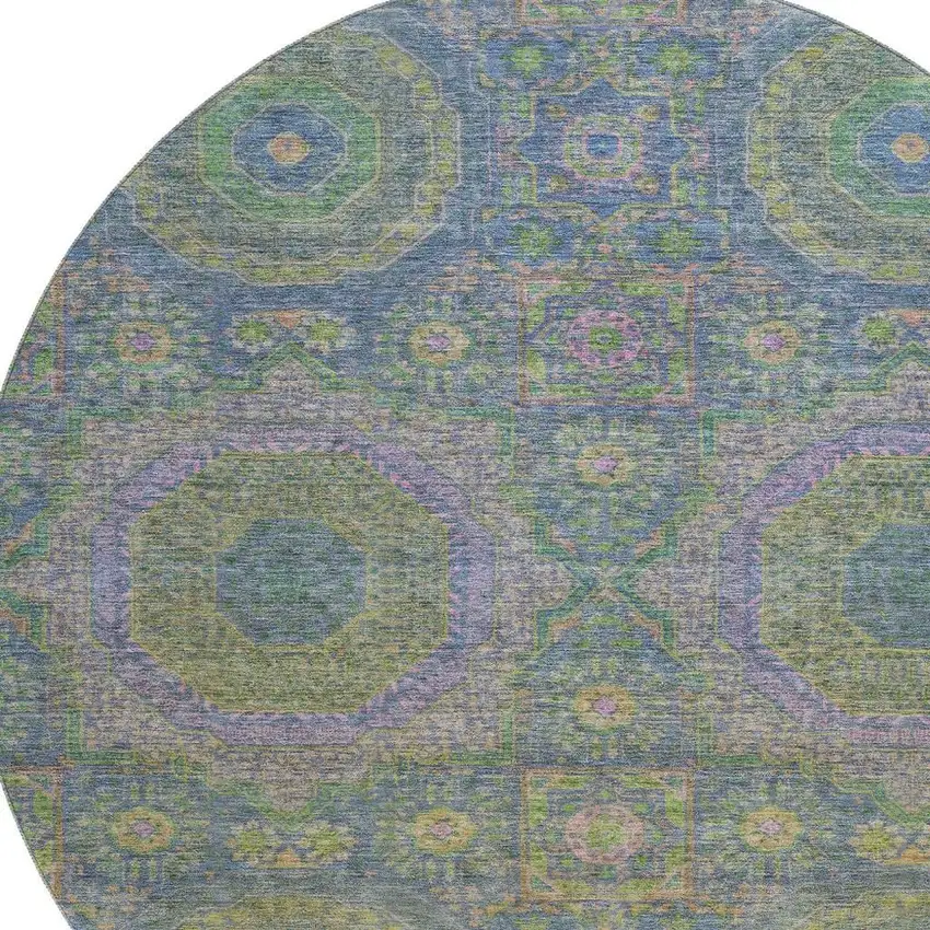8' Blue Purple And Green Medallion Washable Round Rug With UV Protection Photo 3