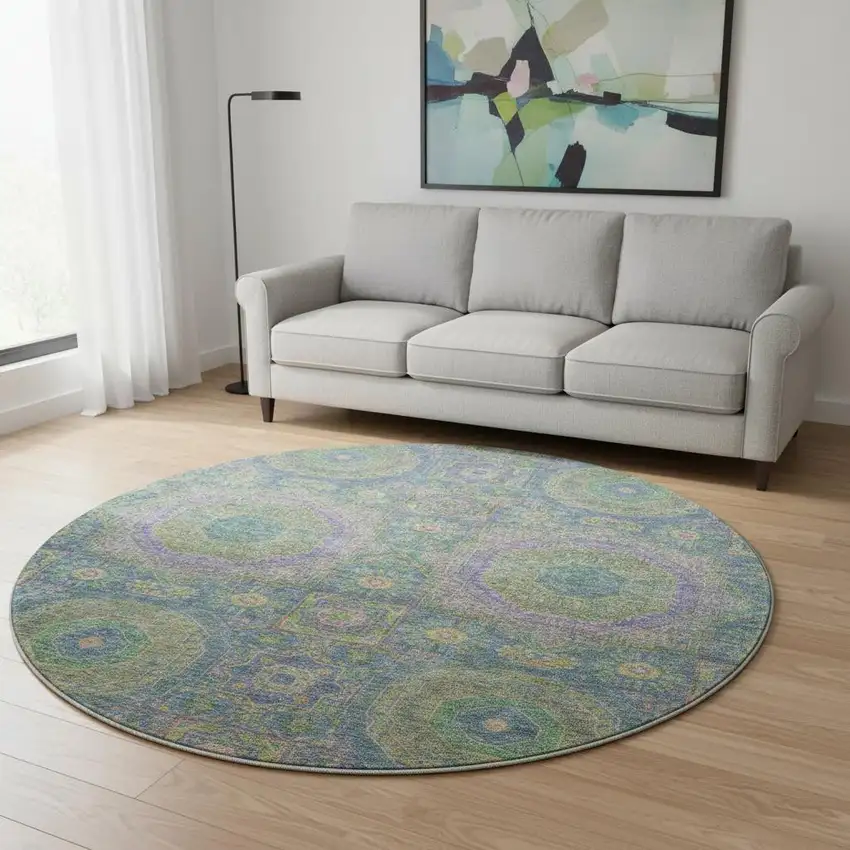 8' Blue Purple And Green Medallion Washable Round Rug With UV Protection Photo 2