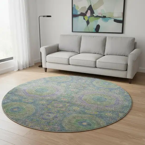 8' Blue Purple And Green Medallion Washable Round Rug With UV Protection Photo 2