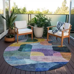 Photo of 8' Blue Purple And Green Round Abstract Washable Indoor Outdoor Area Rug