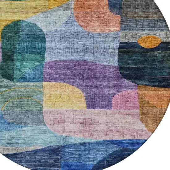 8' Blue Purple And Green Round Abstract Washable Indoor Outdoor Area Rug Photo 6