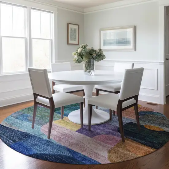 8' Blue Purple And Green Round Abstract Washable Indoor Outdoor Area Rug Photo 9