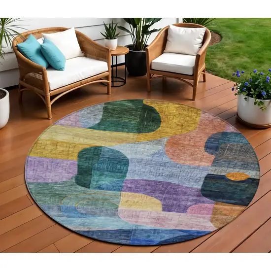 8' Blue Purple And Green Round Abstract Washable Indoor Outdoor Area Rug Photo 1