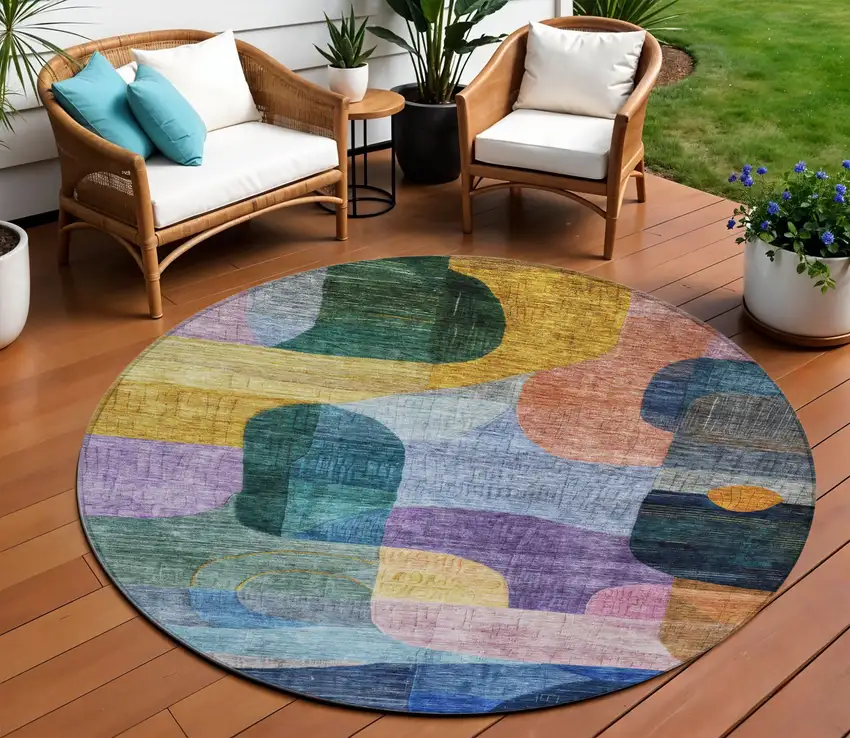 8' Blue Purple And Green Round Abstract Washable Indoor Outdoor Area Rug Photo 1