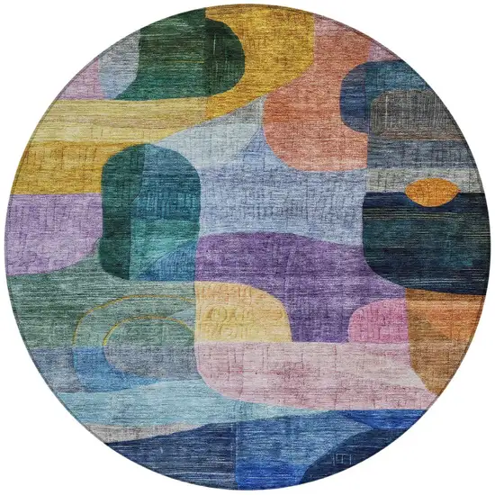 8' Blue Purple And Green Round Abstract Washable Indoor Outdoor Area Rug Photo 7