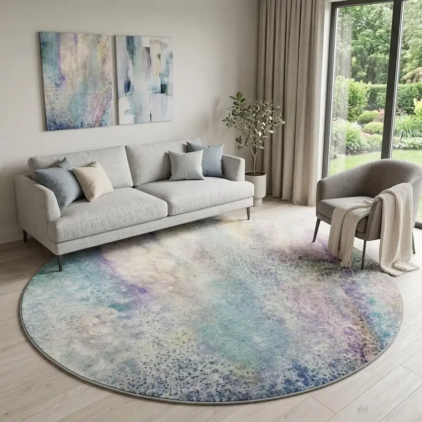 8' Blue Purple And Ivory Abstract Washable Round Rug With UV Protection Photo 1