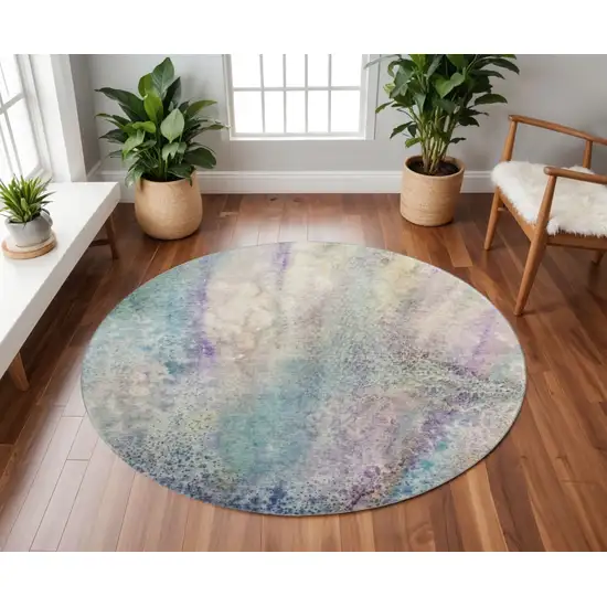 8' Blue Purple And Ivory Abstract Washable Round Rug With UV Protection Photo 2